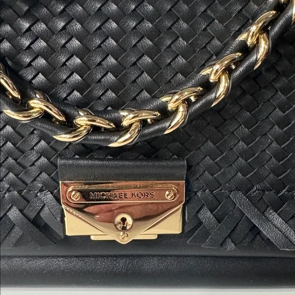 Michael Kors - Black Woven Leather Bag with Gold Chain and Cross Body Strap - Picture 2 of 8